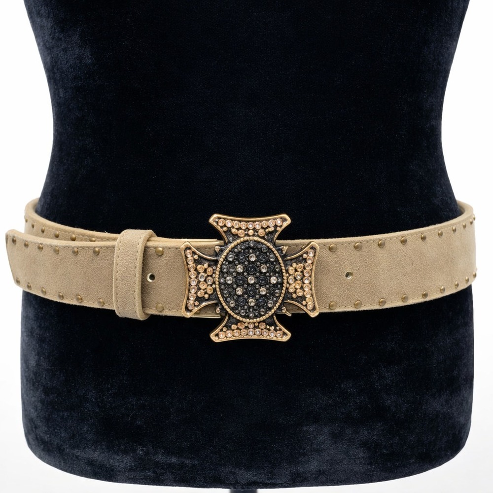 Cache‎ Womens Gothic Waist Belt Rhinestone Cross Buckle Size M34 Bronze Leather
